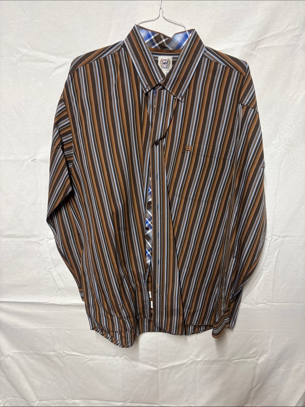 Cinch Brown and Blue Striped Button-Up Shirt